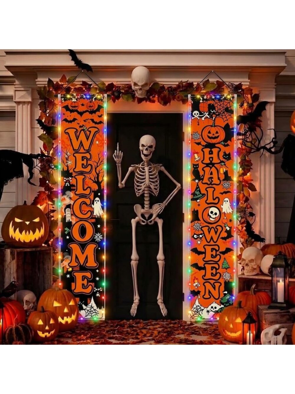 Vintage Halloween Banner Set with Lights - Retro Pumpkin & Witch Decor for